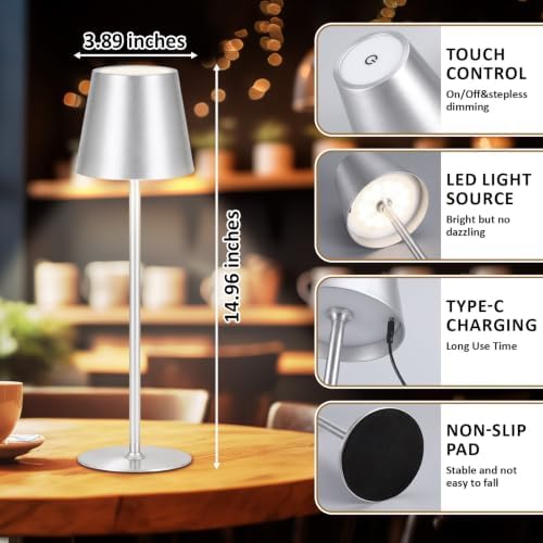 Retisee 12 Pack Cordless Table Lamp Portable Rechargeable Lamp, Silver - Image 2