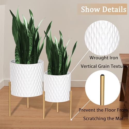 ARNIS Plants Pots with Stand, Set of 2 P lanters, Unique Mid Century Decorative Metal Flower Pots with Drainage, 8.25 & 10.5 Inch, White and Gold - Image 3