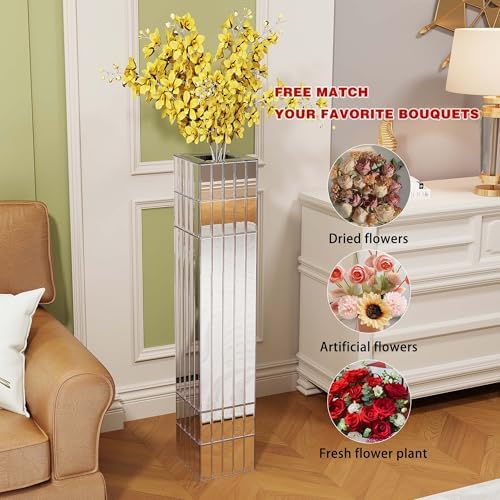 36.02" Tall Floor Vase for Living Room, Octagonal Mirror Vase & Glass Silver Floor Vases for Artificial Plants and Pampas Grass, Easy Assembly (36.02", Square) - Image 5