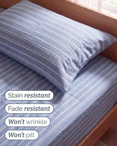 Twin Size 3 Piece Sheet Set - Breathable & Cooling Sheets - Blue Stripes - Image 5
