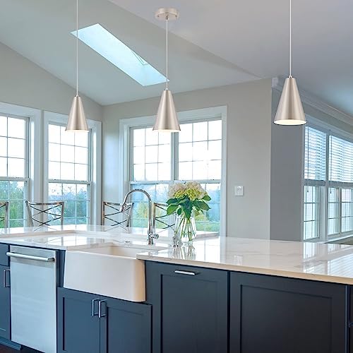 Brushed Nickel Pendant Lights Kitchen Island,Dining Room Light Fixtures Over Table 3 Pack with Silver Cone Metal Shade, Modern Farmhouse Small Chandeliers,Adjustable Cord Hanging Lighting for Sink - Image 2