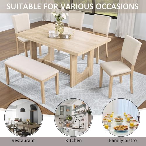 LUMISOL 6-Piece Dining Table Set with Bench, Rectangular Kitchen Table Set with U-Shaped Base, 4 Upholstered Chairs and Bench for Kitchen, Dining Room, Light Oak & Beige - Image 6