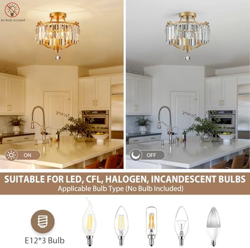 Crystal Gold Chandeliers Modern Farmhouse Small Chandelier 12.2 Inch 3-Light Round Crystal Mini Semi Flush Mount Ceiling Light Fixture for Dining Room Entryway Hallway Kitchen Bedroom Foyer - Image 5