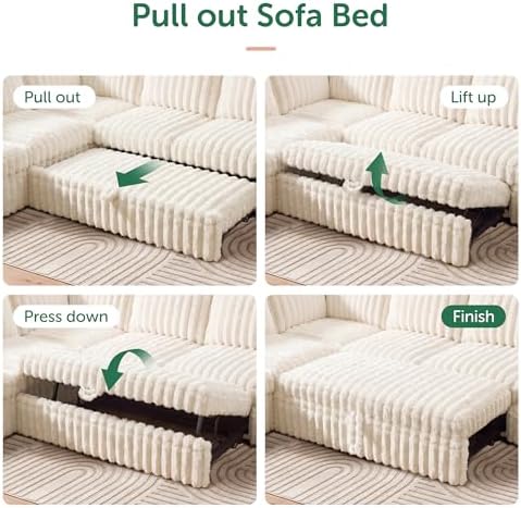 HONBAY Plush Corduroy Modular Sectional Sofa with Pull Out Bed, Convertible L Shaped Couch with Storage,Sleeper Sectional Couches for Living Room,Plush Beige - Image 5