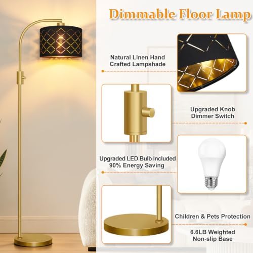 Nintiue Dimmable Floor Lamp, 1200 Lumens LED Edison Bulb Included, Arc Gold Floor Lamps for Living Room Modern Standing Lamp with Black Grid Shade - Image 4