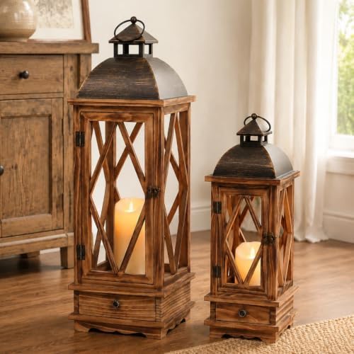 Decorative Wooden Candle Lanterns Set of 2, Rustic Farmhouse Indoor Outdoor by sunnyfuture