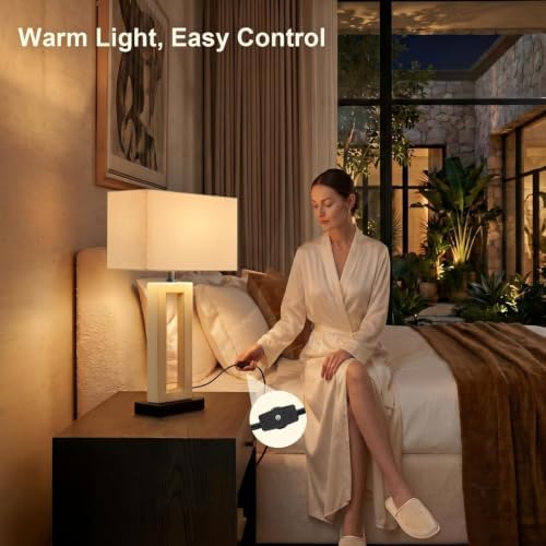 22" Modern Ceramic Table Lamps Set of 2, Cream Crackle Glaze Hollow Bedside Lamps with Linen Shade, 5ft Cord Rotary Switch E26 Base Nightstand Lamps for Bedroom Living Room Entryway Decor - Image 4