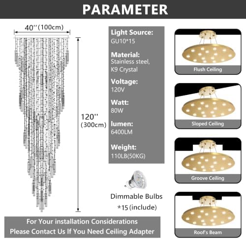 D40'' x H120'' Crystal Chandelier High Ceiling Chandeliers for Entryway Large Raindrop Chandeliers LED Dimmable Flush Mount Light Fixtures for Staircaes Foyer Hallway Living Room Bulbs Included Gold - Image 3