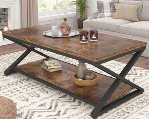 HSH 47" Rectangle Coffee Table with Storage for Living Room, Rustic Brown by HOMESWEETHOME