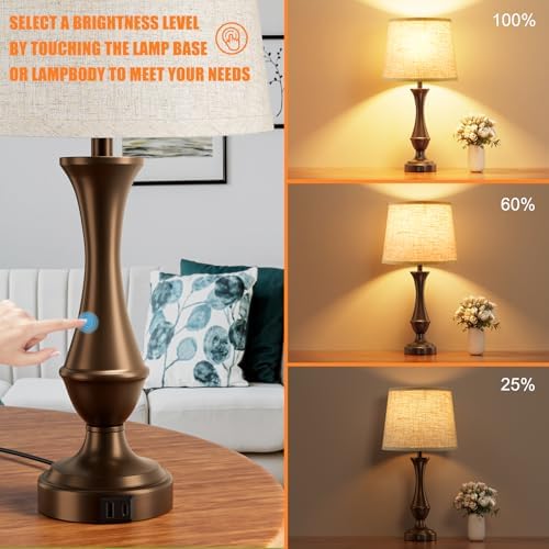 Touch Lamps for Nightstand, 3 Way Dimmable Lamps for Bedroom with USB C+A - Image 2