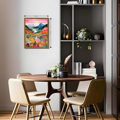 Boho Colorful Mountain Wall Art Set of 3, Abstract Watercolor Landscape Flower Wall Decor Paintings, Modern Nature Sunset Forest Posters Prints for Living Room, Bedroom 12x16 Inch Wood Framed - Image 4