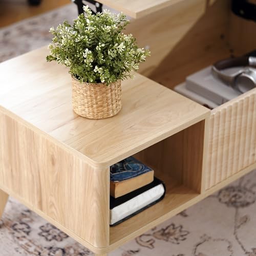LYNCOHOME Fluted Lift Top Coffee Table with Storage, Modern Coffee Table for Living Room, Home Office(Natural) - Image 4