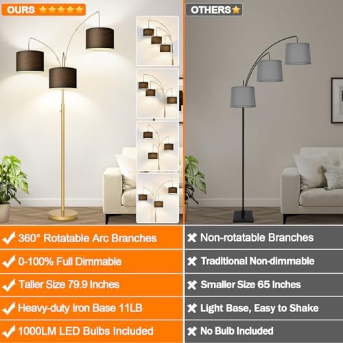 Dimmable Floor Lamp, 3 Lights Gold Arc Floor Lamp, Modern Tall Standing Tree Lamp with Black Linen Shades & Heavy Base, 3000LM LED Bulbs, Bright Lighting for Living Room, Bedroom, Office & Reading - Image 2