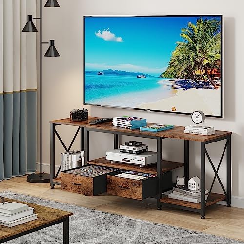 GYIIYUO TV Stand with Fabric Drawers for 65 70 75 Inches TV - Entertainment Center and Industrial TV Console Table with Open Storage Shelves for Living Room, Bedroom - 63" Rustic Brown - Image 6