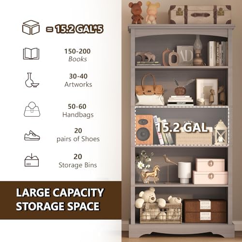 TVU 5-Tier Wooden Bookshelf, 65 Inch Tall Bookshelf with Storage, Floor Standing Modern Style Display Bookcase for Living Room, Office, Study Room, Entryway, Grey - Image 4