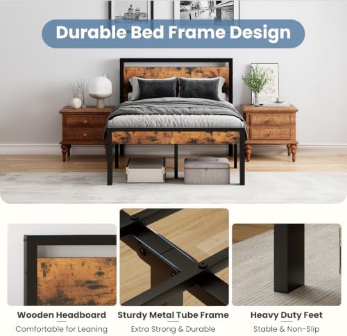 Sweetcrispy Full 14 Inch Bed Frame with Wood Headboard, Rustic Brown - Image 4