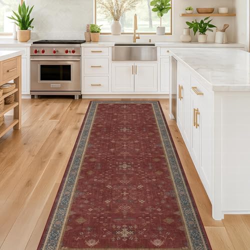 Red 2x8 Long Hallway Runner Rug - Boho Washable Indoor Front Door Mat for Entryway, Non Skid Rugs for Kitchen, Vitange Geometric Floral Low Pile & Soft Runner Carpet - Image 6
