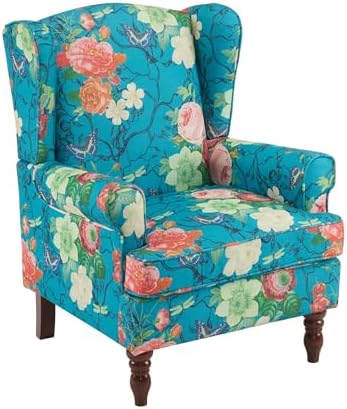 YOLENY Floral Accent Chair, High Back Upholstered Armchair with Solid Legs, Leisure Single Sofa Chair for Living Room, Bedroom, Home Office, Teal Floral by YOLENY