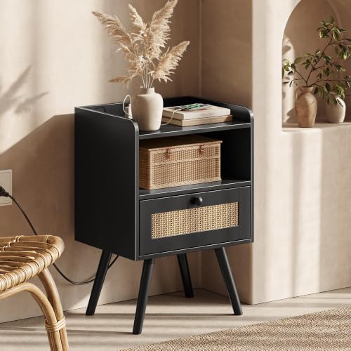 SUPERJARE Nightstand with Charging Station & Rattan-Like Decor Drawer，Black - Image 5