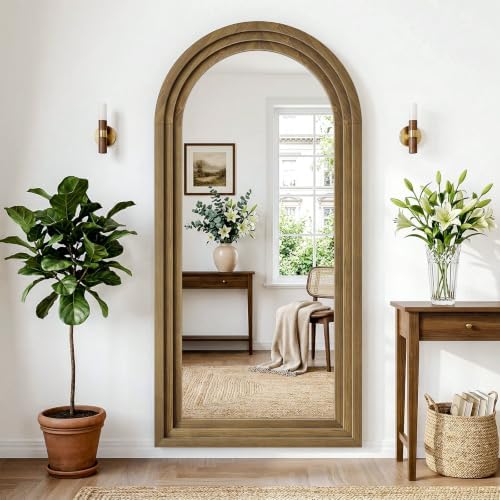 30"x71" Full Length Mirror Solid Wood Frame, Arched Floor Mirror Full Length with Stand, Room Decor Big Full Body Mirror with HD Tempered Glass for Bedroom, Living Room, Light Brown - Image 5