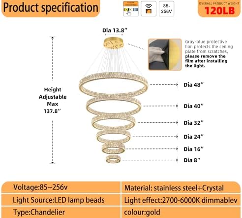 Extra Large Ring Chandelier Modern LED Gold 6 Ring Chandelier for High Ceiling Long Stair Crystal Chandeliers D8+15.7"+23.6"+31.5"+39.4"+47.5" - Image 2