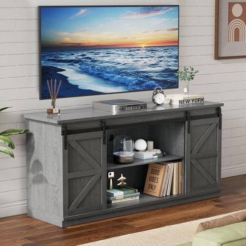 YESHOMY 58" Farmhouse TV Stand for TVs up to 65", Sliding Barn Doors, Gray by SearchallYESHOMY