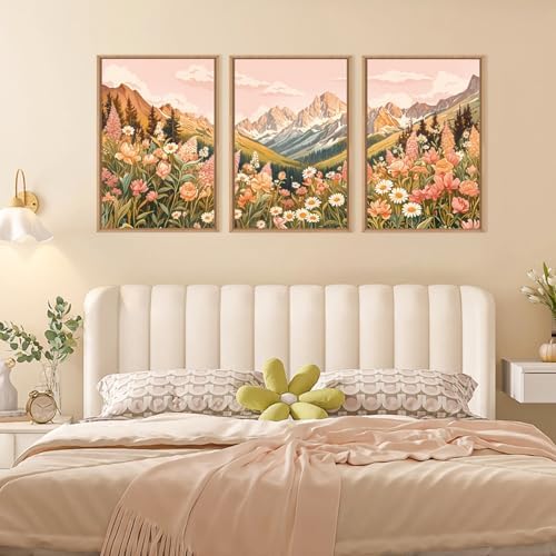 LHIUEM Large Abstract Colorful Mountain Framed Canvas Wall Art,Boho Pink Flower Wall Decor, Nature Wildflower Wall Painting,Bohemian Artwork for Living Room,Bedroom,Dining Room,Office -16"x24"x3 - Image 5