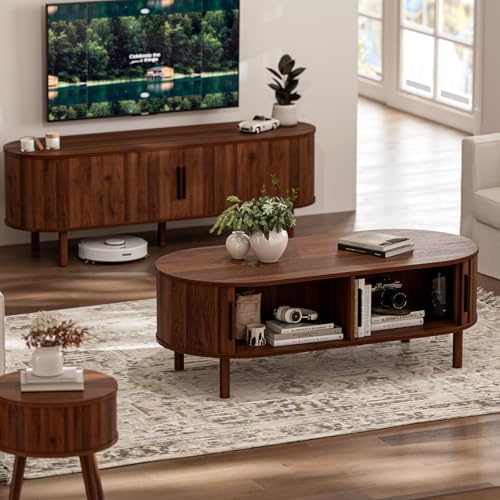 ZttRiee Oval Coffee Table with Sliding Doors, Mid-Century, Walnut - Image 6