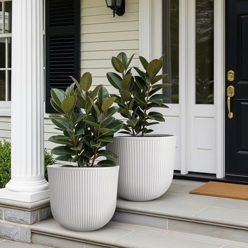 Worth Garden Plastic Round Large Planters, Set of 2 White Plant Pots - Image 4