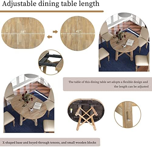 Harper & Bright Designs Round Kitchen Dining Table Set for 4, 5 Piece Farmhouse Wood Round Extendable Dining Table and 4 Upholstered Dining Chairs, Natural Wood Wash - Image 3