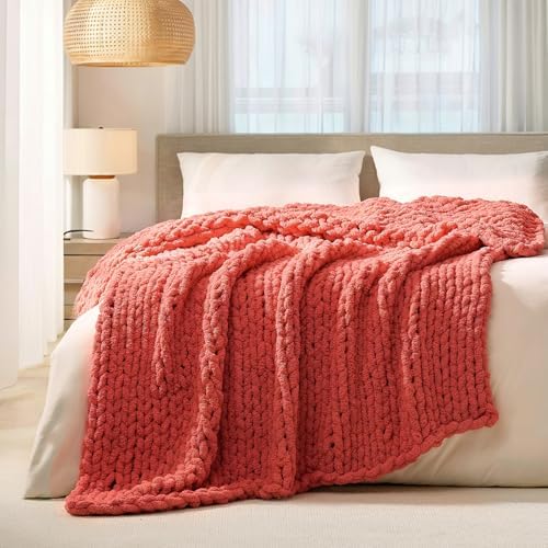 L'AGRATY Chunky Knit Throw Blanket for Couch, 50 x 60 Inches, Coral Pink by LAGRATY