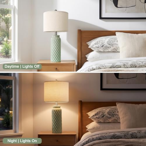 24" Modern Bedside Lamps Set of 2, Green Ceramic Nightstand Lamp - Image 5