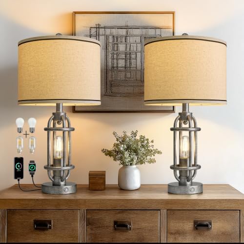 G-SAFAVA 23.75'' Table Lamps Set of 2 for Living Room Bedroom Industrial Farmhouse Metal Touch Lamps with USB A+C Ports, Night Light Vintage Nightstand Bedside Lamp, Bulbs Included, Antique Silver by G-SAFAVA