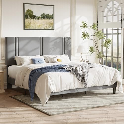 Allewie King Size Platform Bed Frame with Velvet Upholstered Headboard - Image 3