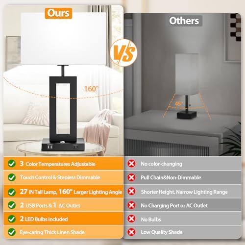 27.2’’ Tall Black Table Lamps for Living Room Bedroom, Bedside Touch Control Lamps with 2 USB Ports&AC Outlet, 3 Color Temp.&Stepless Dimming Desk Lamp Sets for Home Office, Pre-assembled White Shade - Image 4