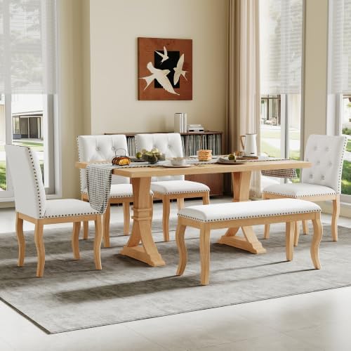 LUMISOL 6-Piece Dining Table Set with Bench, Farmhouse Kitchen Table Set with 4 Upholstered Button Tufted Chairs, Nailhead Trim & Curved Wood Legs, Natural - Image 3