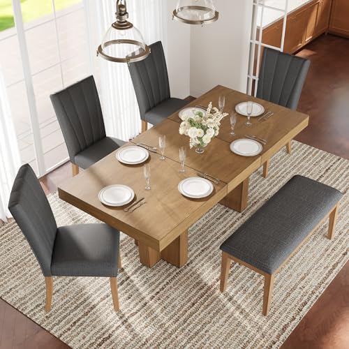 6-Piece Farmhouse Functional Dining Set, Rubber Wood Extendable Dining Table with 4 Upholstered Chairs& Bench, Thick Tabletop and Trestle Legs, Rectangular Dining Room Table Set for 6 (Gray-7.2) by VilroCaz
