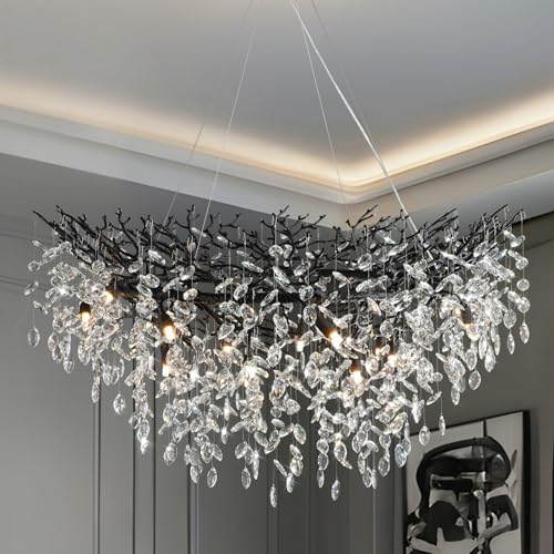 YUYI 47" Black Crystal Chandelier, 14-Light Tree Branch Chandelier, Modern Round Chandeliers for Dining Room, Living Room, Foyer, Entryway, Kitchen, Bedroom, Luxury K9 Crystal Raindrop Fixture by YUYILIGHTING