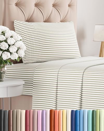 Twin Size 3 Piece Sheet Set - Breathable & Cooling Sheets - Beige Stripes by CGKUnlimited