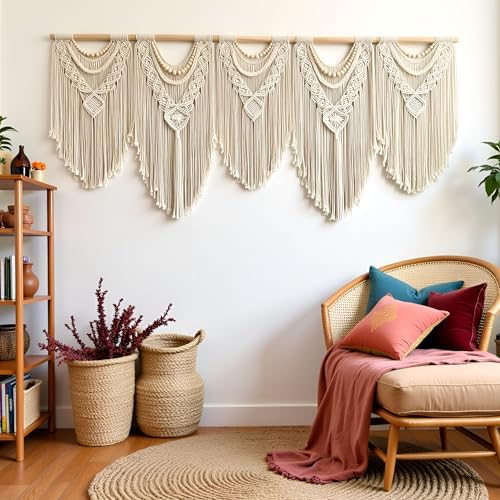 Extral Large macrame wall hanging, 71'' W x 32'' L boho wall art tapestry wall decor for urban entryway,living room,bedroom decor, headboard woven wall art, big fiber art over couch art for Yarn hallway (Wood Bead-B) - Image 3