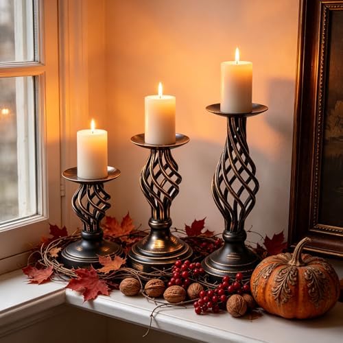 GOESWELL Black Pillar Candle Holder: Vintage Candle Holders Set of 3 for Table Centerpieces Mantle Living Room - Metal Openwork Candle Sticks Holder Decor for Farmhouse Wedding - Image 6