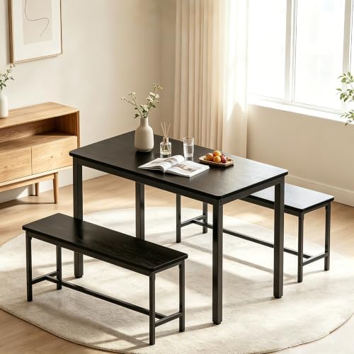 Dining Table Set for 4, 3 Piece Dining Room Table Set for Space-Saving, Modern Kitchen Table with 2 Benchs for Apartment Breakfast Nook and Samll Space, Black - Image 6