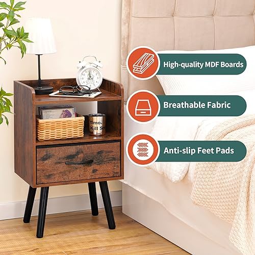Yoobure Night Stand with Fabric Drawer, Modern Nightstand, Bedside Tables, Mid Century Nightstands with Open Storage Shelf, Wood Bedside Table, Small Night Stands for Bedrooms, 2-Tier Night Table - Image 4