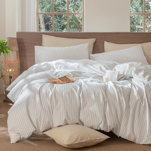 MooMee Striped Duvet Cover Set 100% Washed Cotton Linen Like Cal King - Image 6
