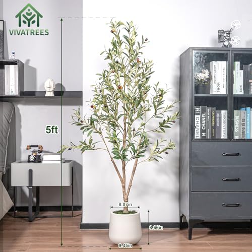 VIVATREES Olive Trees Artificial Indoor, 5FT Tall Faux Olive Tree with White Tall Planter, Artificial Plants with Natural Wood Trunk and Lifelike Fruits for Home Office Decor - Image 2