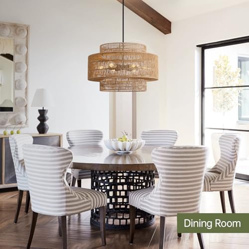 24" Rattan Chandelier for Dining Room, Large Boho Pendant Light - Image 6