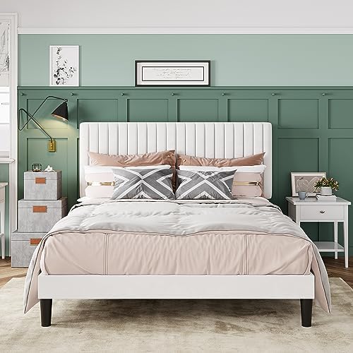 Allewie Full Bed Frame, Velvet Upholstered Platform Bed with Adjustable Vertical Channel Tufted Headboard, Mattress Foundation with Strong Wooden Slats, Box Spring Optional, Easy Assembly, Off-White by Allewie