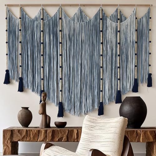 Jakalin Macrame Wall Hanging Blue Dip Dye Bead Boho Home Decor 57"x43" - Image 2