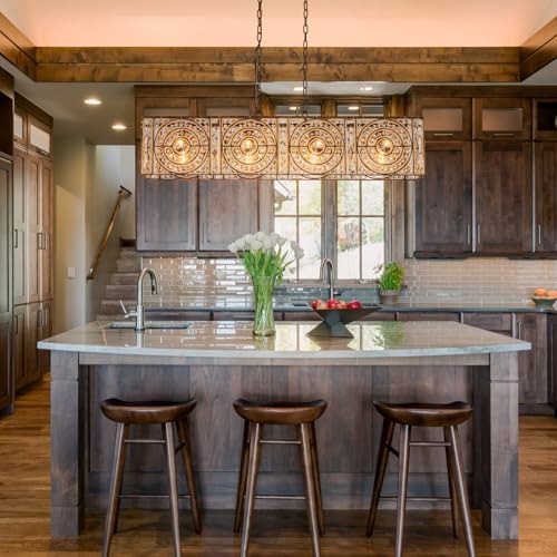 4-Lights Rectangle Crystal Chandelier for Dining Room, 42.12" Vintage Bronze Finish Large Chandeliers for High Ceilings, Flush Mount Pendant Light for Living Room Kitchen Island Bar - Image 2