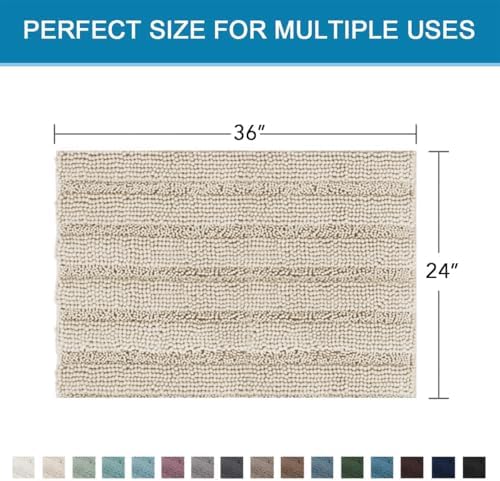 H.VERSAILTEX Bath Mats for Bathroom Non Slip Thick Chenille Striped Bath Rug Absorbent Fluffy Soft Shaggy Rugs Washable Dry Fast Plush Mats for Indoor, Bath Room, Tub - 24" x 36", Fog - Image 2